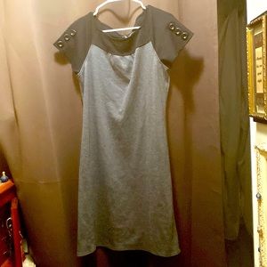 Grey dress with black squarely around the neck and shoulders